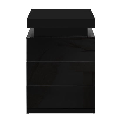 Milo 2X Bedside Table LED 3 Drawers - COLEY Black