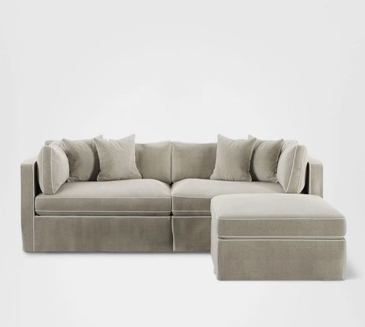 Marbella Modular 4 Seater Sofa Reversible Ottoman Chaise Natural W/White Piping