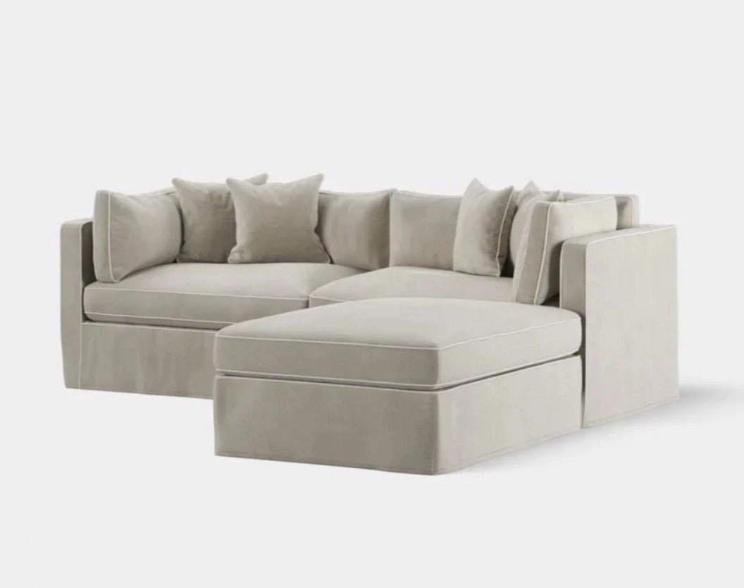 Marbella Modular 4 Seater Sofa Reversible Ottoman Chaise Natural W/White Piping