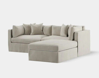 Marbella Modular 4 Seater Sofa Reversible Ottoman Chaise Natural W/White Piping