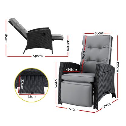 Arlo Outdoor Recliner Chairs Sun lounge Wicker Lounger Patio Furniture Adjustable Black
