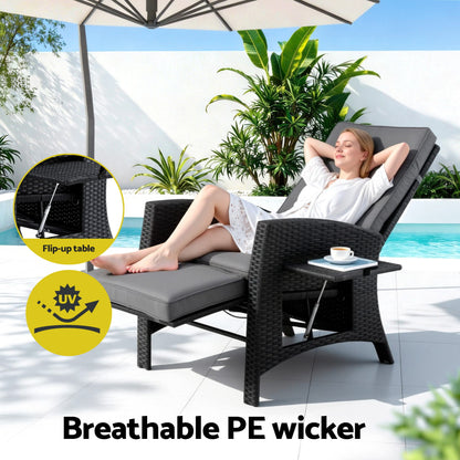 Arlo Outdoor Recliner Chairs Sun lounge Wicker Lounger Patio Furniture Adjustable Black