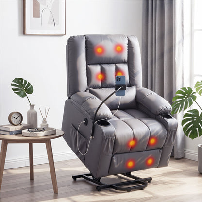 Owen  Power Lift Recliner Chair with Massage and Heat for Elderly, Electric Sofa Reclining Chair with USB and Phone Holder, PU Leather Comfy Armchair for Living Room, 2 Cup Holder & 4 Pockets, Grey