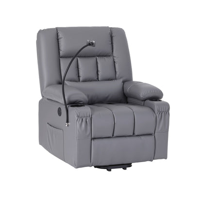 Owen  Power Lift Recliner Chair with Massage and Heat for Elderly, Electric Sofa Reclining Chair with USB and Phone Holder, PU Leather Comfy Armchair for Living Room, 2 Cup Holder & 4 Pockets, Grey