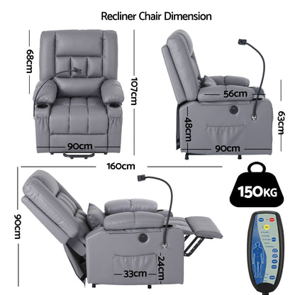 Owen  Power Lift Recliner Chair with Massage and Heat for Elderly, Electric Sofa Reclining Chair with USB and Phone Holder, PU Leather Comfy Armchair for Living Room, 2 Cup Holder & 4 Pockets, Grey