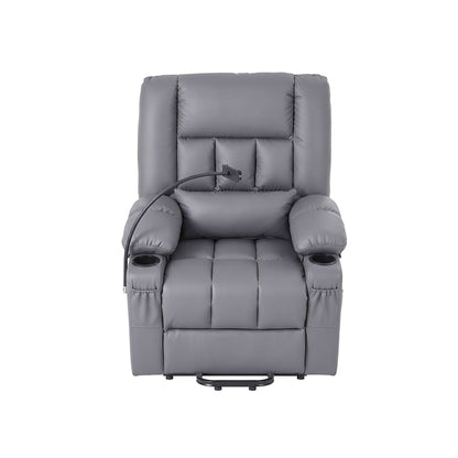 Owen  Power Lift Recliner Chair with Massage and Heat for Elderly, Electric Sofa Reclining Chair with USB and Phone Holder, PU Leather Comfy Armchair for Living Room, 2 Cup Holder & 4 Pockets, Grey