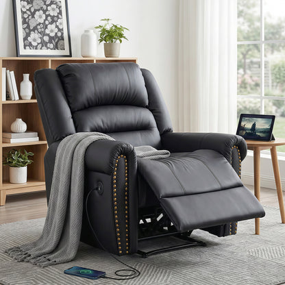 Nova Leather Manual Recliner Chair with USB Charge Port, Overstuffed Armchair Sofa for Living Room and Nursery, Asjustable Theater Reclining Lounge with Comfortable Wide Seat, 150kg Capacity, Black