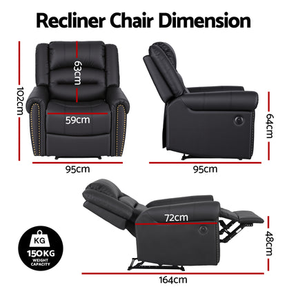 Nova Leather Manual Recliner Chair with USB Charge Port, Overstuffed Armchair Sofa for Living Room and Nursery, Asjustable Theater Reclining Lounge with Comfortable Wide Seat, 150kg Capacity, Black