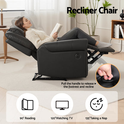 Nova Leather Manual Recliner Chair with USB Charge Port, Overstuffed Armchair Sofa for Living Room and Nursery, Asjustable Theater Reclining Lounge with Comfortable Wide Seat, 150kg Capacity, Black