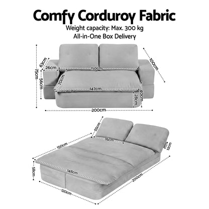 Rona Convertible Folding Sofa Bed 30D High-Density Foam Boneless Couch with Corduroy Sleeper Couch Lounger for Living Room Grey