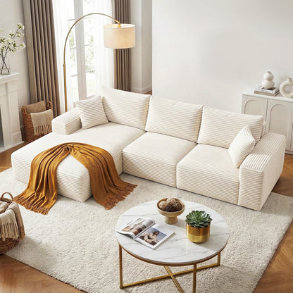 Lotus 3 Seater Modular Sofa Bed Sectional Boneless Couches for Living Room Corduroy Compressed Sofa White