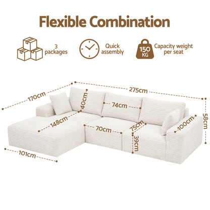 Lotus 3 Seater Modular Sofa Bed Sectional Boneless Couches for Living Room Corduroy Compressed Sofa White