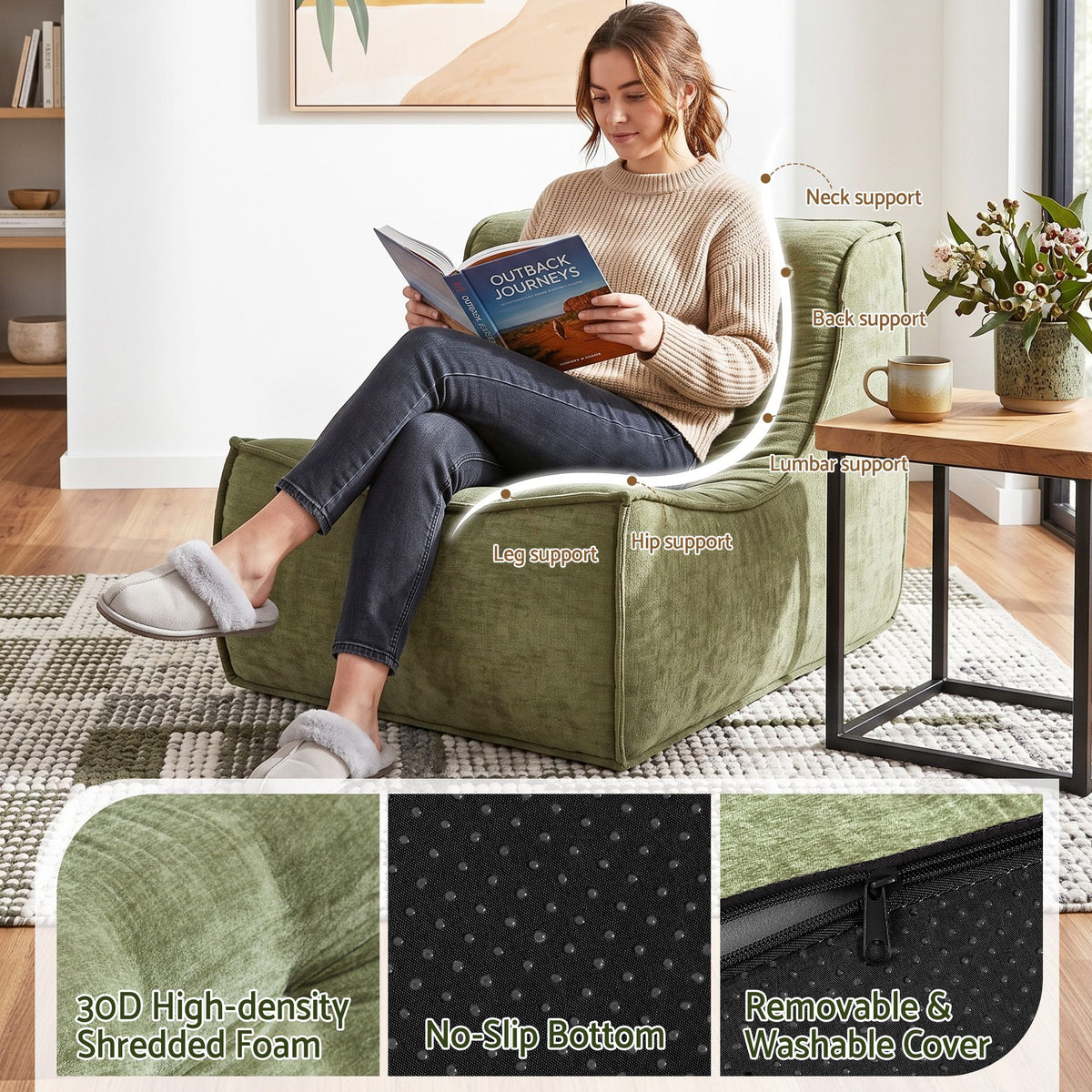 Green Olives   Sofa Armless Chenille No Assembly Removable Cover Green