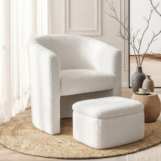 Reese Armchair Accent Chair w/Ottoman Lounge Footrest Storage Boucle White