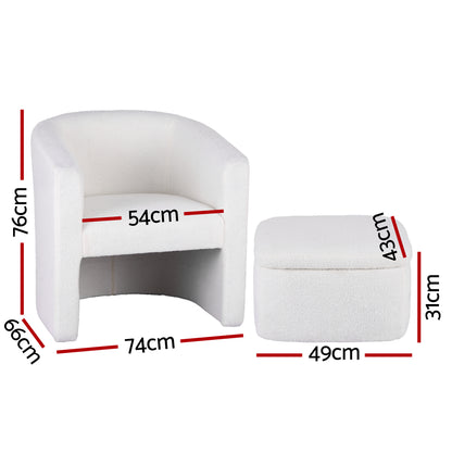 Reese Armchair Accent Chair w/Ottoman Lounge Footrest Storage Boucle White