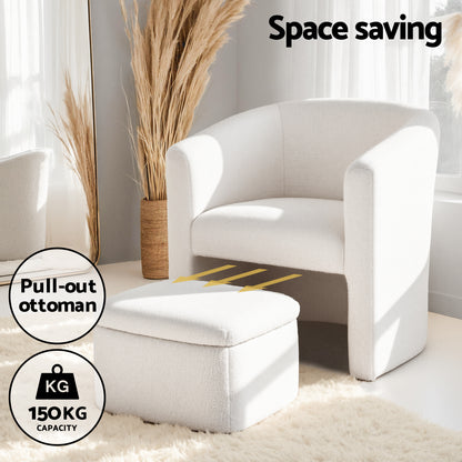 Reese Armchair Accent Chair w/Ottoman Lounge Footrest Storage Boucle White