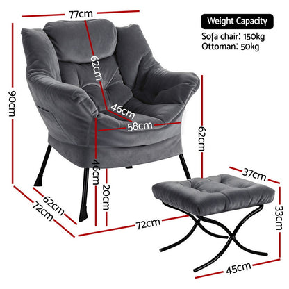 Max Armchair Accent Chair Ottoman Lounge Footrest Velvet Grey