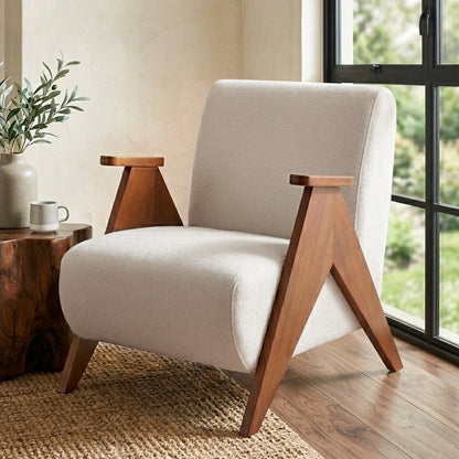 Lychee Armchair Accent Chair Sturdy Upholstered Solid Wood Chenille Fabric White