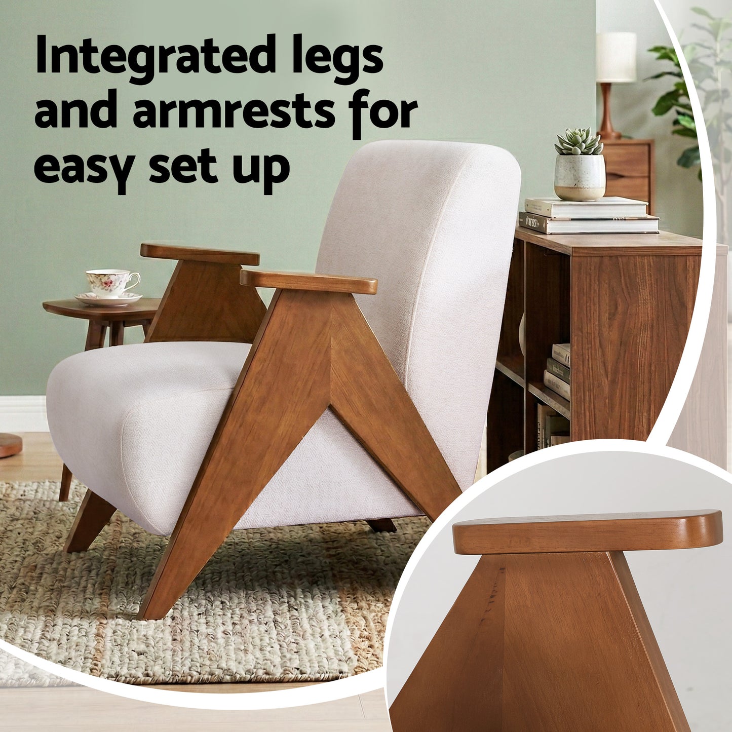 Lychee Armchair Accent Chair Sturdy Upholstered Solid Wood Chenille Fabric White