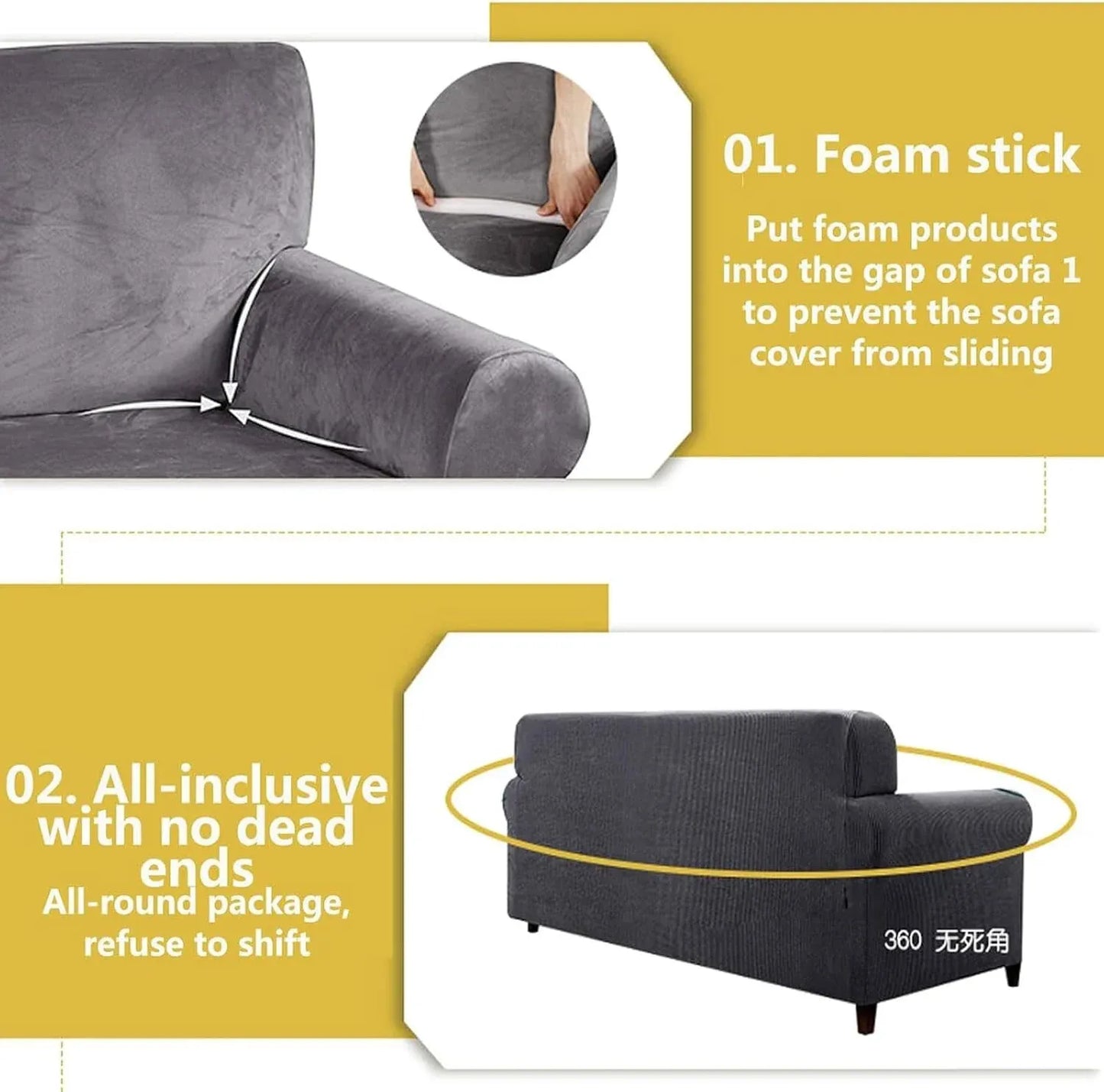 Velvet Chaise Lounge Slipcover, Stretch Anti Slip Sofa Protector for Pets, Right Grey