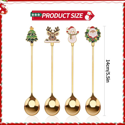 Teaspoons - 4 spoons - Christmas tableware - Silver dessert spoons - Decorated with Christmas trees, reindeer, snowmen and Santa Claus - Suitable for desserts, tea and soup