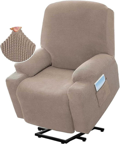 Power Lift Recliner Slipcover High Stretch Soft Jacquard Fabric with Side Pocket for Standard Recliner Chair Beige, Letter E Option