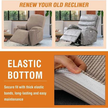 Power Lift Recliner Slipcover High Stretch Soft Jacquard Fabric with Side Pocket for Standard Recliner Chair Beige, Letter E Option