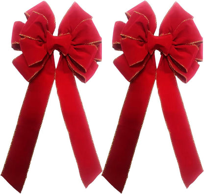 2-Pack Christmas Decorative Bows, Red with Gold Trim, 10.6" x 20" Large Holiday Ribbon, for Front Door, Christmas Tree Bows Decorations and Yard Fence Outdoor Decorations