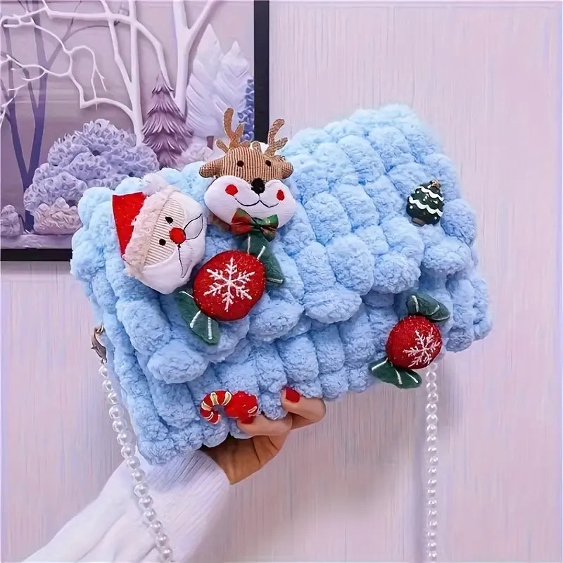 Christmas Plush Cartoon Handbag Crossbody Bag, 3D Appliqués Pearl Chain, Sweet Practical Holiday Essential/ivory