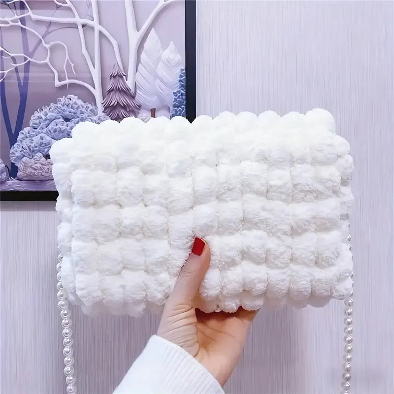 Christmas Plush Cartoon Handbag Crossbody Bag, 3D Appliqués Pearl Chain, Sweet Practical Holiday Essential/ivory