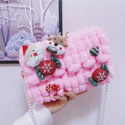 Christmas Plush Cartoon Handbag Crossbody Bag, 3D Appliqués Pearl Chain, Sweet Practical Holiday Essential./PINK