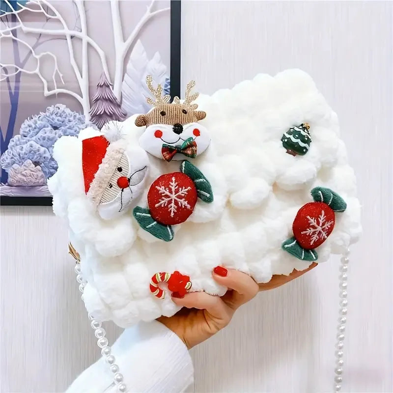 Christmas Plush Cartoon Handbag Crossbody Bag, 3D Appliqués Pearl Chain, Sweet Practical Holiday Essential./PINK