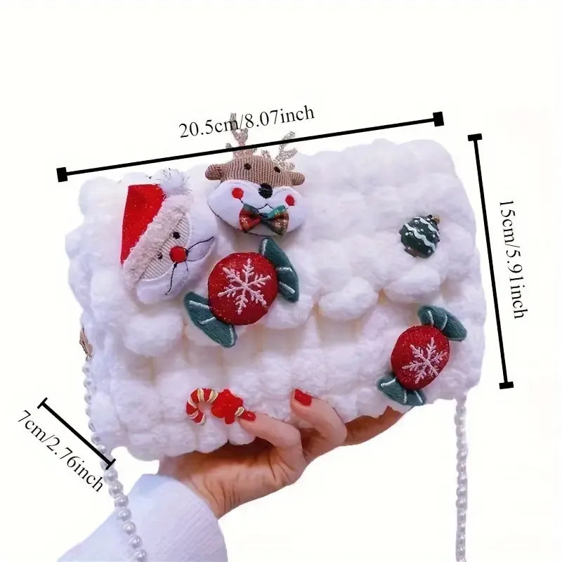 Christmas Plush Cartoon Handbag Crossbody Bag, 3D Appliqués Pearl Chain, Sweet Practical Holiday Essential./PINK