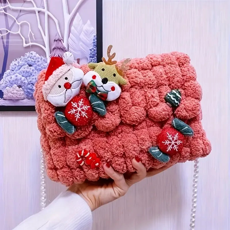 Christmas Plush Cartoon Handbag Crossbody Bag, 3D Appliqués Pearl Chain, Sweet Practical Holiday Essential./PINK
