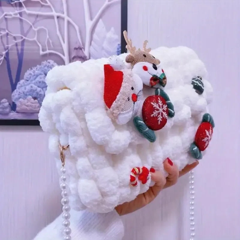 Christmas Plush Cartoon Handbag Crossbody Bag, 3D Appliqués Pearl Chain, Sweet Practical Holiday Essential./PINK