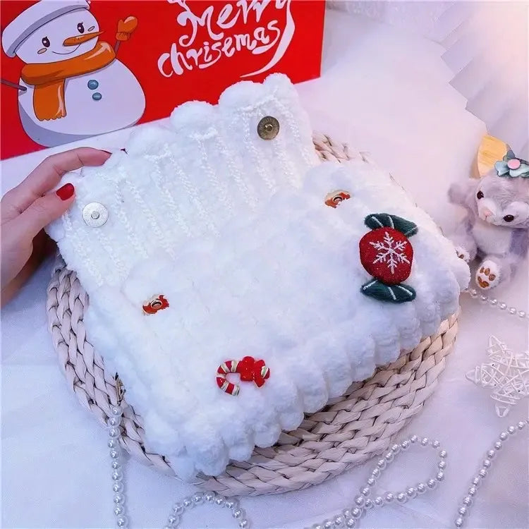 Christmas Plush Cartoon Handbag Crossbody Bag, 3D Appliqués Pearl Chain, Sweet Practical Holiday Essential./PINK
