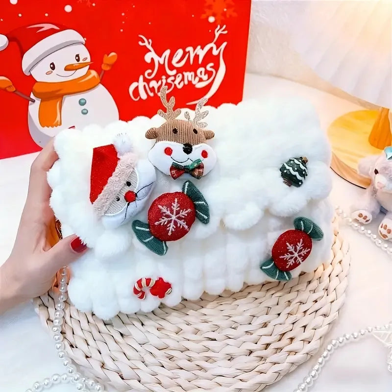 Christmas Plush Cartoon Handbag Crossbody Bag, 3D Appliqués Pearl Chain, Sweet Practical Holiday Essential./PINK