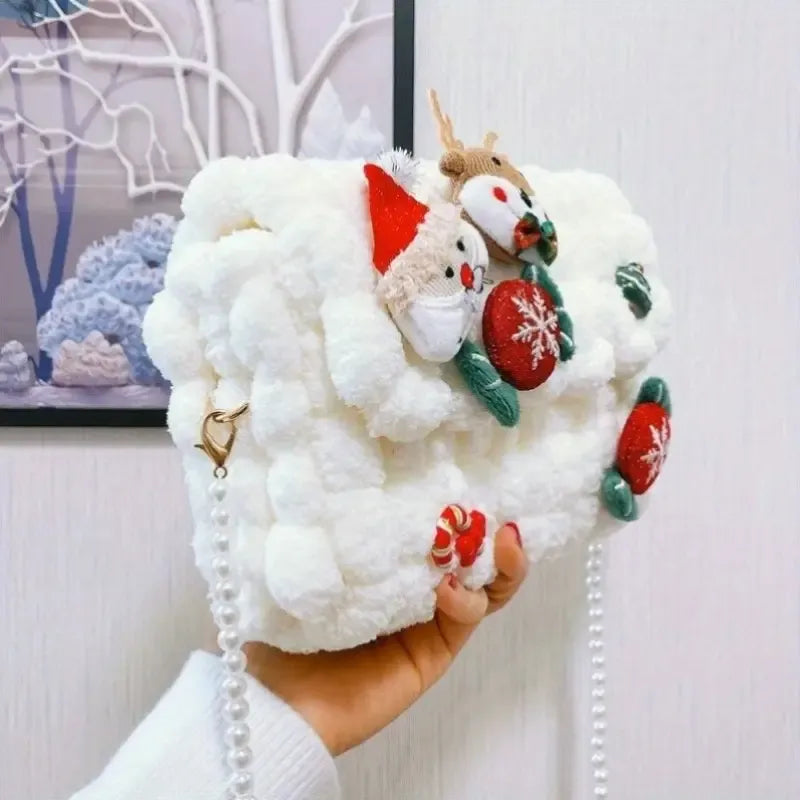 Christmas Plush Cartoon Handbag Crossbody Bag, 3D Appliqués Pearl Chain, Sweet Practical Holiday Essential./PINK
