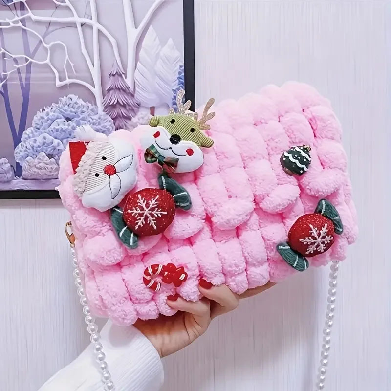 Christmas Plush Cartoon Handbag Crossbody Bag, 3D Appliqués Pearl Chain, Sweet Practical Holiday Essential./PINK