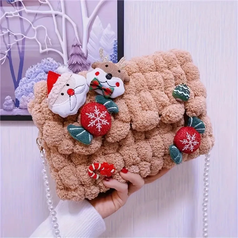 Christmas Plush Cartoon Handbag Crossbody Bag, 3D Appliqués Pearl Chain, Sweet Practical Holiday Essential./PINK
