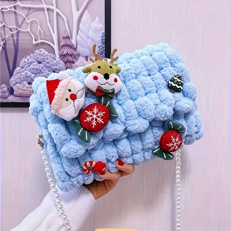 Christmas Plush Cartoon Handbag Crossbody Bag, 3D Appliqués Pearl Chain, Sweet Practical Holiday Essential./PINK