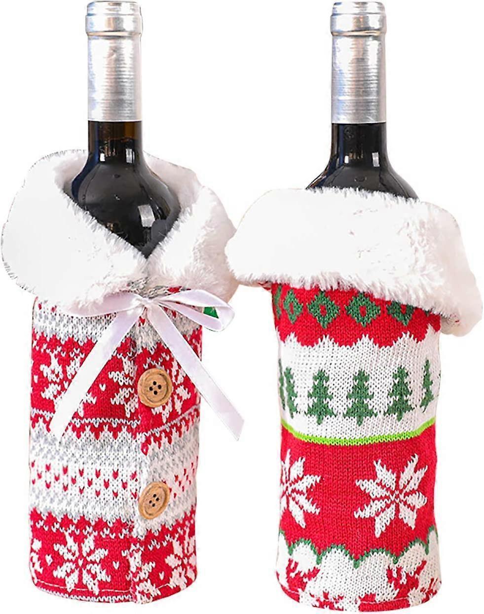 Wrap the knitted wine bottle sleeves with a faux fur collar for Christmas decorations