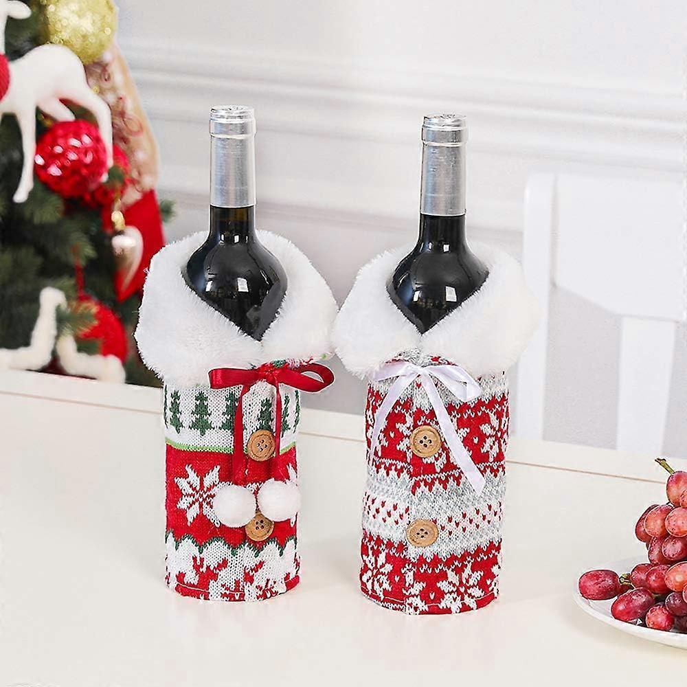 Wrap the knitted wine bottle sleeves with a faux fur collar for Christmas decorations