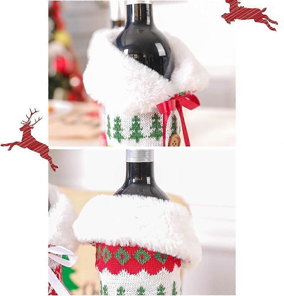 Wrap the knitted wine bottle sleeves with a faux fur collar for Christmas decorations