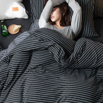SHANGPIN Cotton Bedding Set Stripe 60 Thread Count 1.5m bed hat [quilt cover 200*230/bed hat 150*200] four-piece set