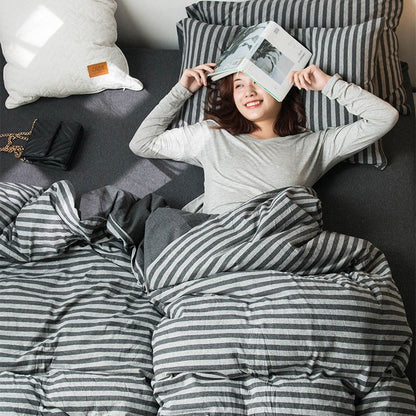 SHANGPIN Cotton Bedding Set Stripe 60 Thread Count 1.8m bed hat [quilt cover 200*230/bed hat 180*200] four-piece set