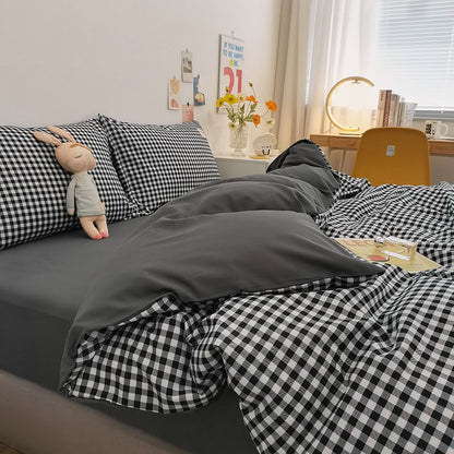 Qianjin Cotton Solid Color 4 Piece Bedding Set Black and White small grid 1.5 m bed [bed sheet set] quilt cover 150*200cm bed sheet 180*230cm pillowcase 48*74*2