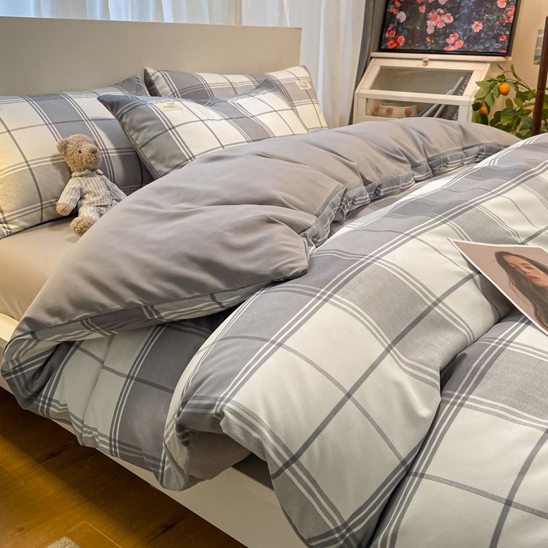 Qianjin Cotton Solid Color 4 Piece Bedding Set California Big Gray 1.5 m bed [bed sheet set] quilt cover 150*200cm bed sheet 180*230cm pillowcase 48*74*2