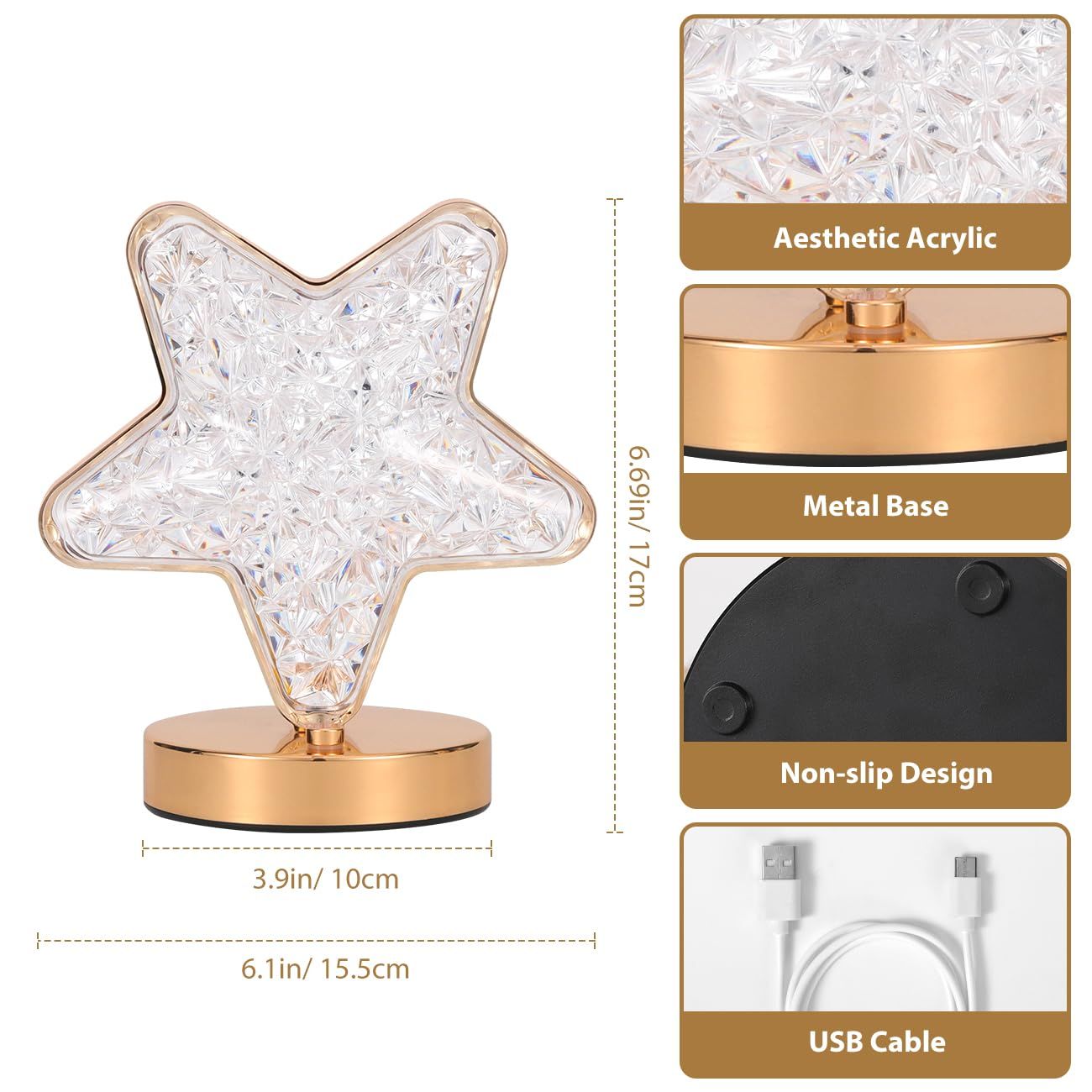 Star Table Lamp, Stepless Dimmable Touch Lamp with 3 Colors, Crystal Star Light Bedside Lamp for Nightstand Desk Bedroom Living