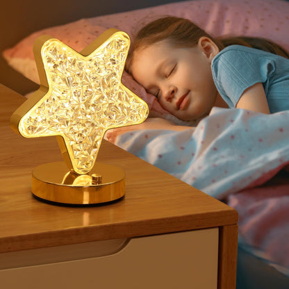 Star Table Lamp, Stepless Dimmable Touch Lamp with 3 Colors, Crystal Star Light Bedside Lamp for Nightstand Desk Bedroom Living